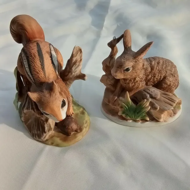 Vintage HOMCO Bunny Rabbit #1411 & Chipmunk w/ Turtle #8882 Set of Two Figurines