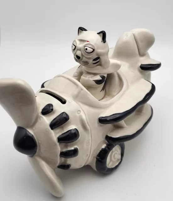 Vintage Ceramic Takahashi Cat Pilot Plane Coin Bank 6" Figurine Decorative