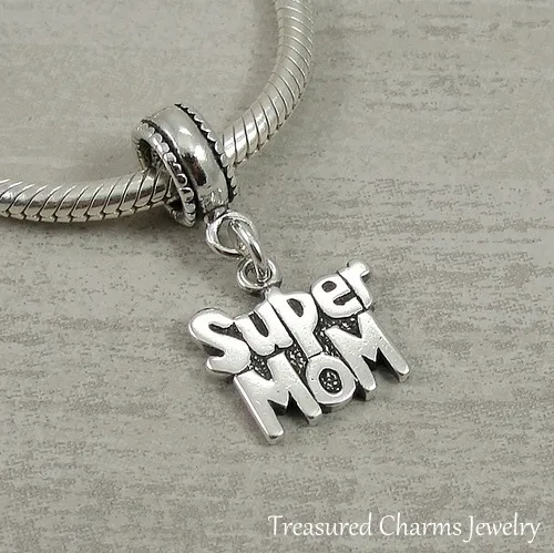 925 Sterling Silver Super Mom Dangle Bead Charm - fits European Bracelets NEW