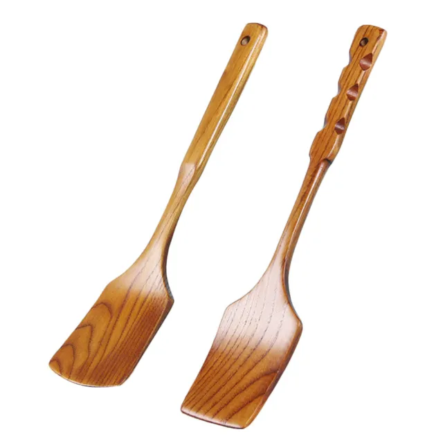 2 piezas pala de sartén giratoria de madera con recubrimiento antiadherente mango largo