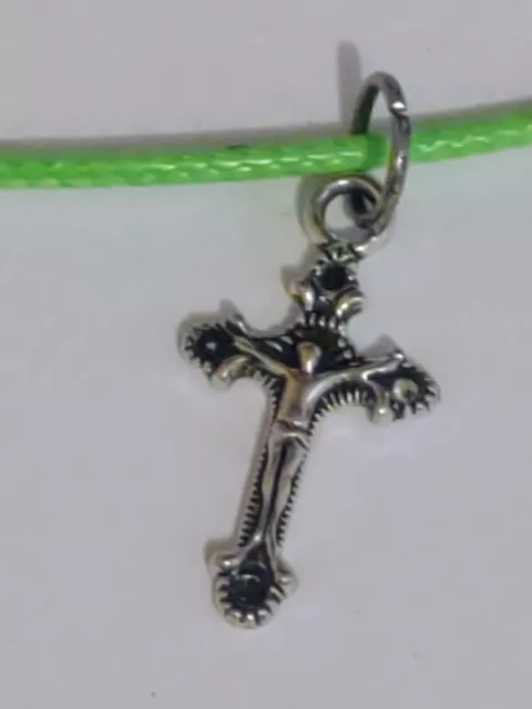 Silver Cross Pendant On Green Leather Cord, Lobster Clasp.