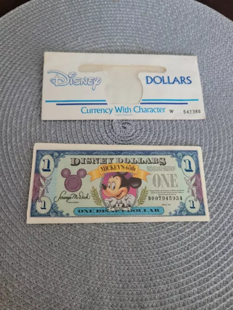 Disney Money 1993 $1 Mickey's 65th Anniversary Dollar With Envelope