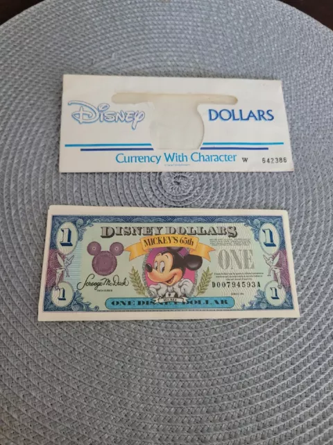 Disney Money 1993 $1 Mickey's 65th Anniversary Dollar With Envelope Disney Money 1993 $1 Mickey's 65th Anniversary Dollar With Envelope