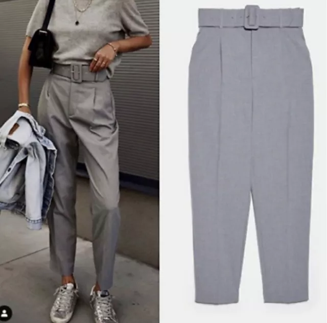 ZARA HIGH WAISTED Belted Pants Trousers Grey Medium M $65.00 - PicClick