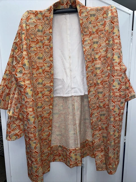 Japanese Kimono/ HAORI /Short Jacket/Floral Vases /Orange, Hand Made in Japan
