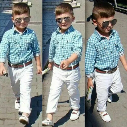 3Pcs Kids Boys Plaid Dress Shirts Top + Pants Belt Clothes Set Gentleman Outfits