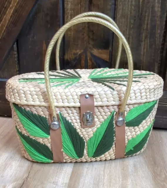 Straw Purse Tote Bag Woven Embroidered Boho Tropical Wicker Raffia Mexico