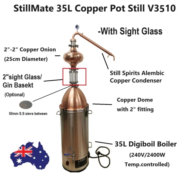 StillMate 35L Copper Pot still Kit V3510 with Copper dome & onion whisky Making