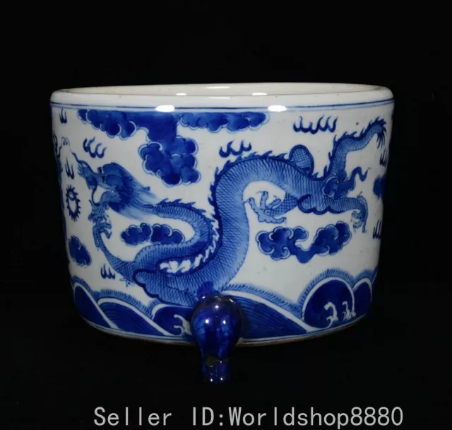 7.6" Old Chinese Blue White Porcelain Fengshui Pair Dragon Incense Burner Censer 2