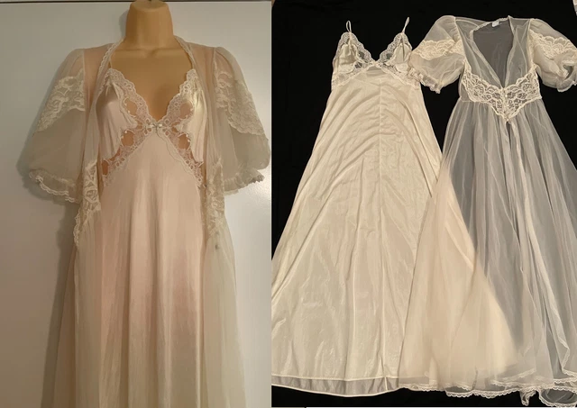 Vtg Val Mode SILKY Nylon Long NIGHTGOWN Sheer CHIFFON PEIGNOIR ROBE Set BRIDAL