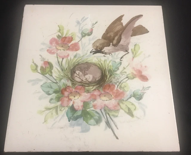 ° Rare 1900 Longwy Lovely  Birds in Nest with eggs Art Nouveau Tile handpainted 2