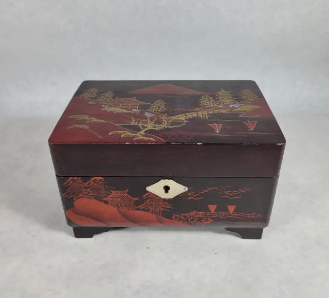 Vintage Asian Wood Lacquer Jewelry Music Box With Key Brown Oriental Japan WORKS