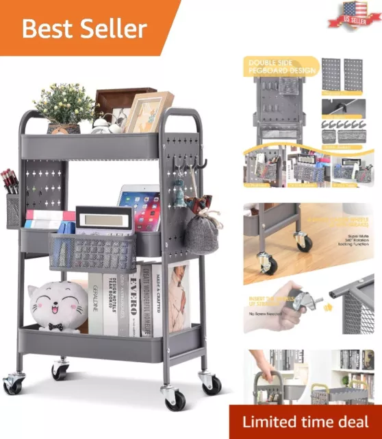 Rolling Storage Cart with Dual Pegboards - Removable Hooks - Easy Assemble