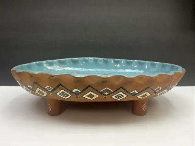 Terracotta Pottery Mid Century Footed Clay Bowl Glaze Native American Pattern
