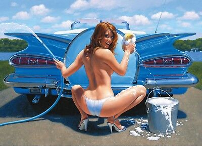TIN SIGN "Car wash Blue Beauty" Pinup Babe Deco Garage Wall Decor