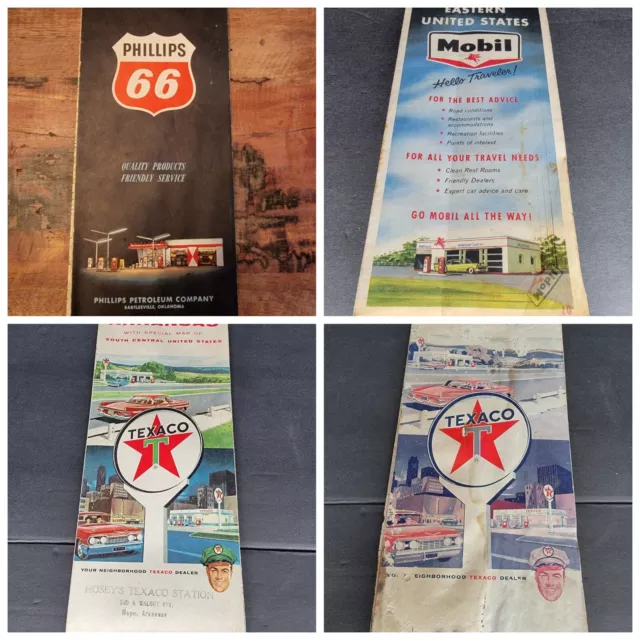 Lot of 4 Vintage Road maps OK, AR, Eastern US-Phillips 66, Texaco, Mobil Oil