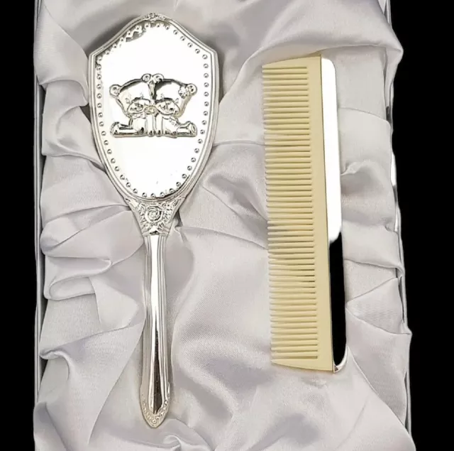 2pc Silver Plated Teddy Bear Baby Brush & Comb Gift Set Baptism Newborn Keepsake