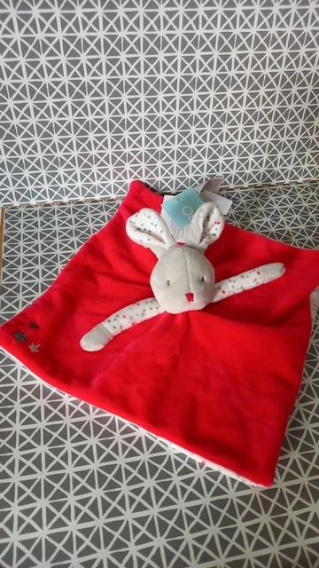 Doudou plat lapin rouge gris blanc étoiles Obaibi Okaidi neuf