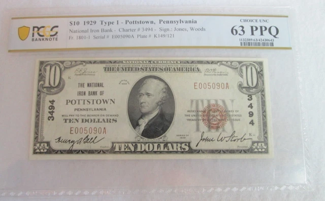 Ch# 3494, The National Iron Bank Of Pottstown Pa $10  Type 1 , Pcgs Graded 63