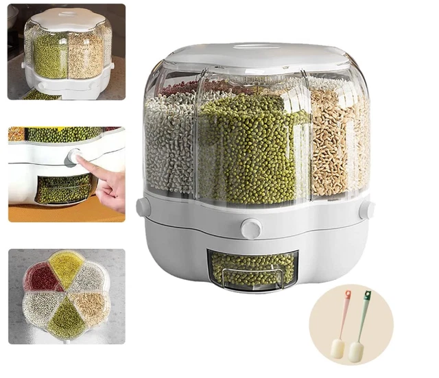 15lb Cereal Storage Container6 Compartments 360° Rotating Measuring Cup Dry Food
