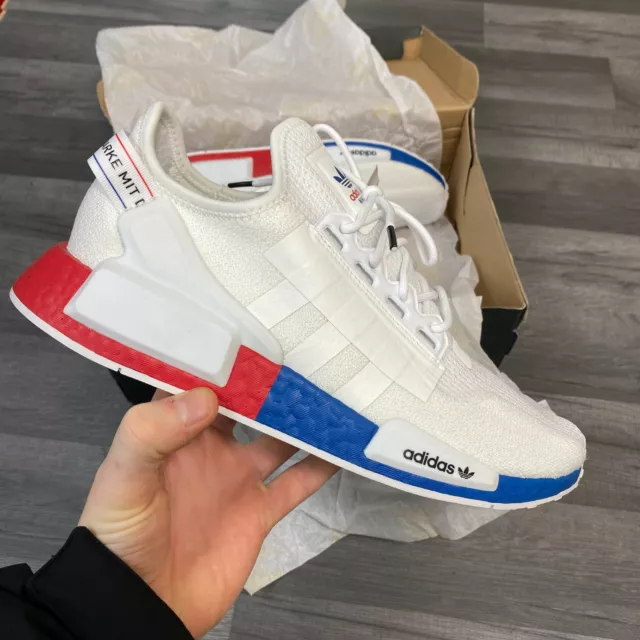 ADIDAS NMD R1 V2 White Red Blue Trainers Shoes Size Uk8 Us8.5 F42 - UK