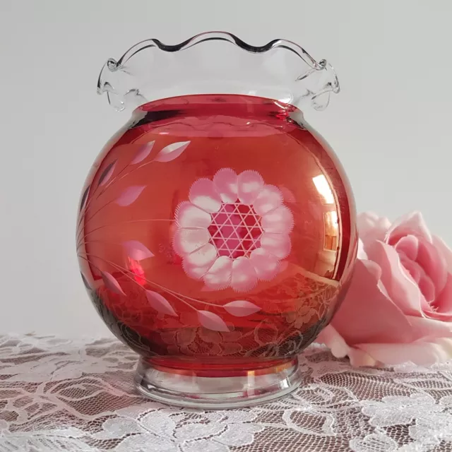 Cranberry Cut Glass Rose Bowl Vase, Etched Cornflower, Made in Canada Sticker 2