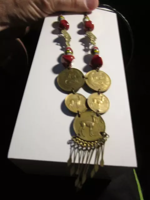 Heavy Charm Necklace With Old Peru Coins  36" Long -  Bba44