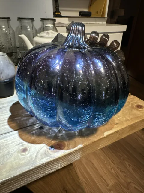 Hand blown art Crackle glass pumpkin Purple to blue With Brown coiled stem 7x8