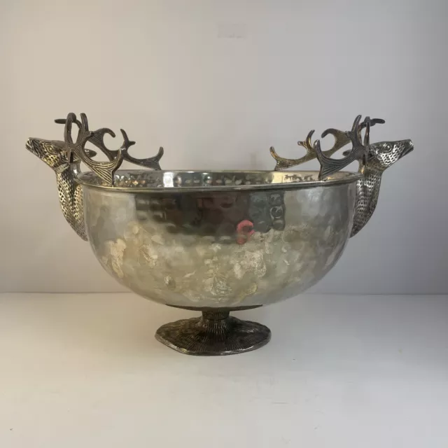 Andrea by Sadek Hammered Silver Plated Double Deer Stag Centerpiece Bowl RARE