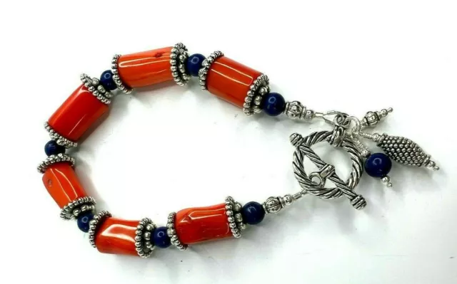 Handmade Orange Barrel Bead with Lapis and Silver Accent Bracelet Toggle Charm