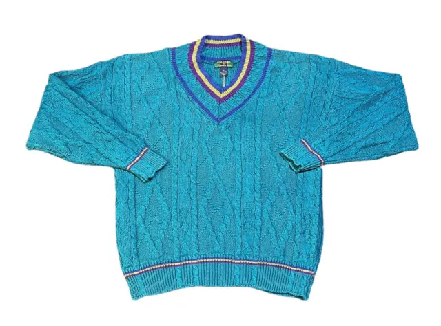 Vintage Colours By Alexander Julian Size Medium Cable Knit V Neck Sweater USA