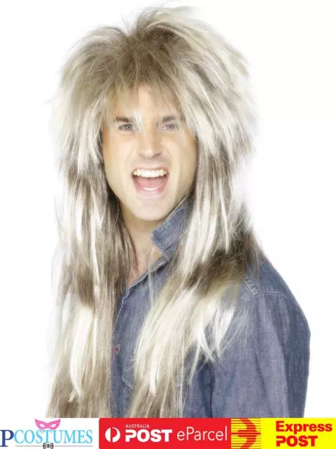 Mens Rocker 80s Mega Mullet Costume Long Wig Blonde Brown 1980s Pat Sharpe