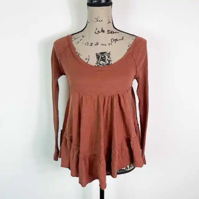 Free People NWT Women's Full Sleeves Sundae Tee Brown Size XS