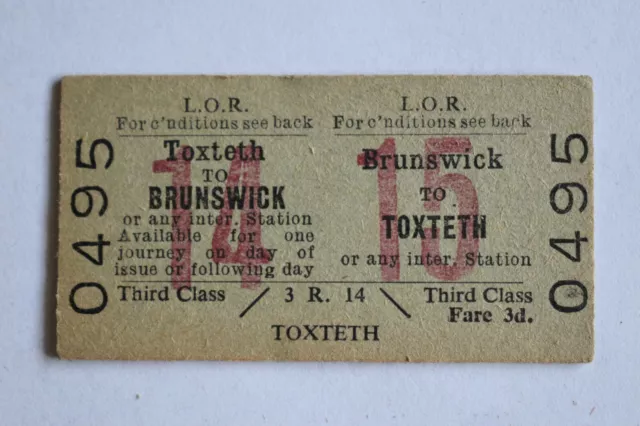 Liverpool Overhead Railway Ticket L.O.R BRUNSWICK to TOXTETH No 0495