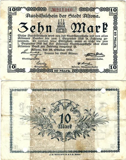 Banknote Notgeld Aushilfsschein 10 Mark 1918 Altona (Schleswig Holstein) BRAUN