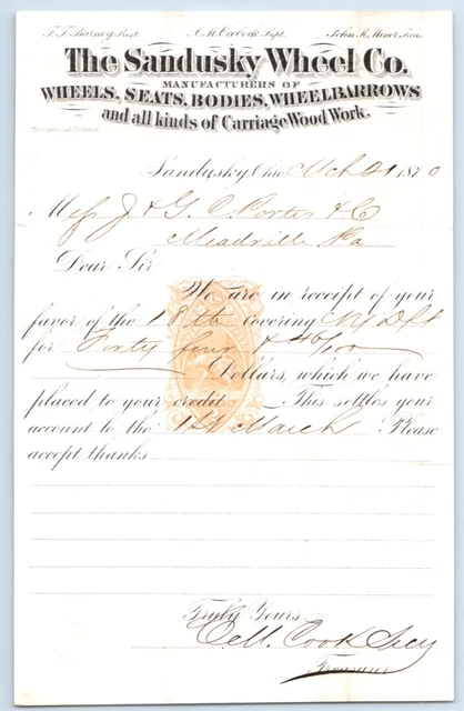 Antique Letterhead Vintage Sandusky Wheel Co. OH Wheels Wheelbarrows Wood 1870