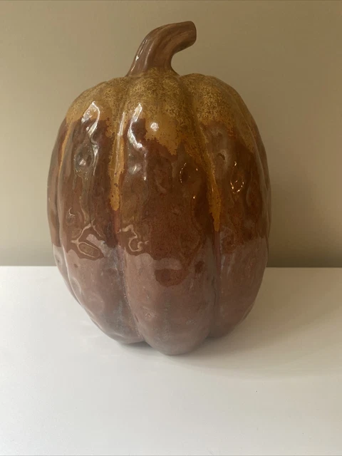 Brown Yellow Gold Glazed Ceramic Pumpkin 9”Tall