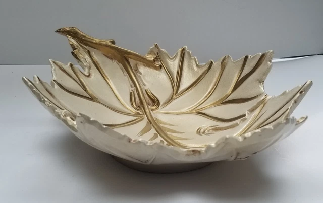 Italian Vintage MCM White Leaf Gold Trim Dish Tray Pottery Signed Italy