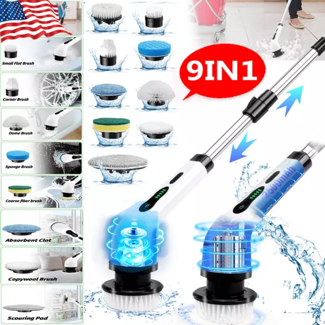 9in1 9Heads Electric Spin Scrubber Cordless Bath Tub Power Scrubber with Handle