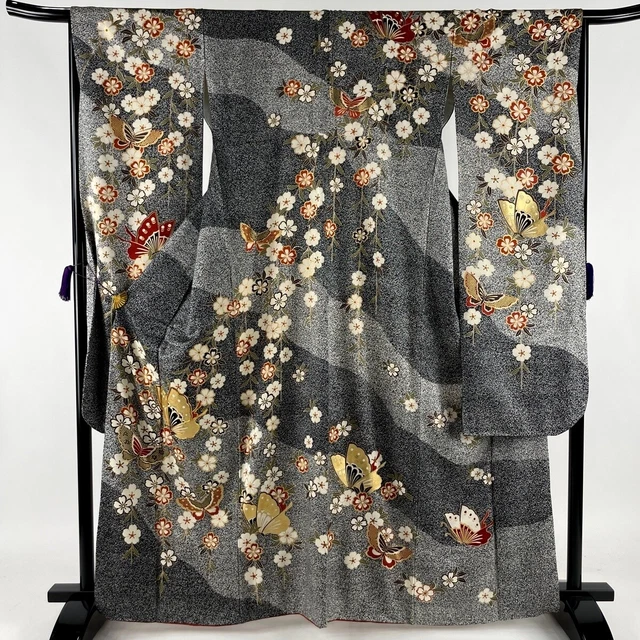 Japanese kimono SILK"FURISODE" long sleeves, Gold leaf, Weeping cherry,L64".2622