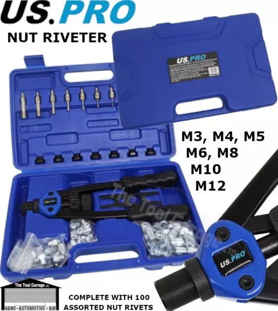 US PRO Tools Threaded Nut Hand Riveter M3-M12 With 100 Assorted Rivet Nuts 5465