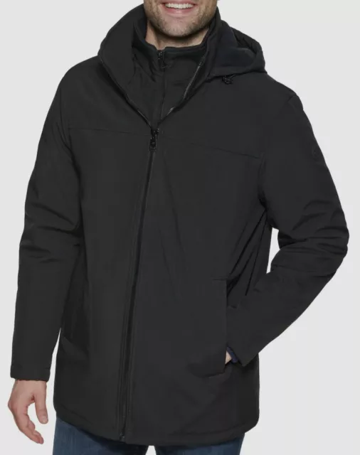 $251 Calvin Klein Men's Black Stretch Full-Zip Bib Hooded Coat Jacket Size L