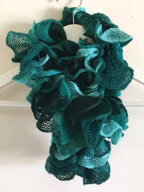 Green, Teal Mix Crocheted Ruffled Boa Soft Textured Scarf, Stole 147 cm