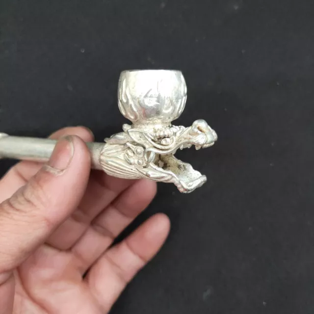 Collectible Noble copper old tibet silver carved dragon head statue smoking pipe