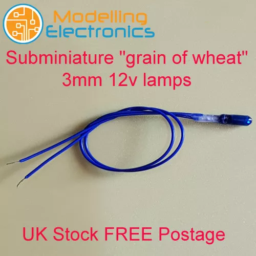 10 x Blue Subminiature Grain of Wheat Bulb / Lamp 12v 3mm 120mm wire leads