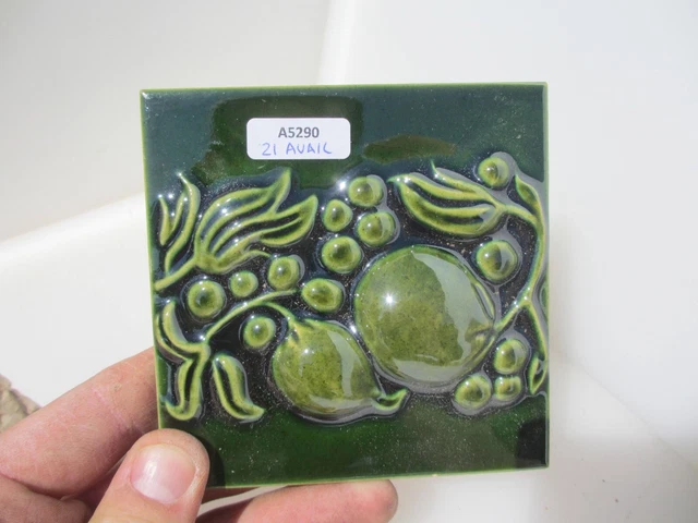 Vintage Ceramic Tile Floral Art Nouveau Flowers Old Fruit Leaf "H&E Smith" 4"