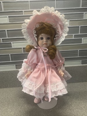 Vintage Blue Eyed Pink Spring Bonnet Red Hair Collectible 10" Porcelain Doll