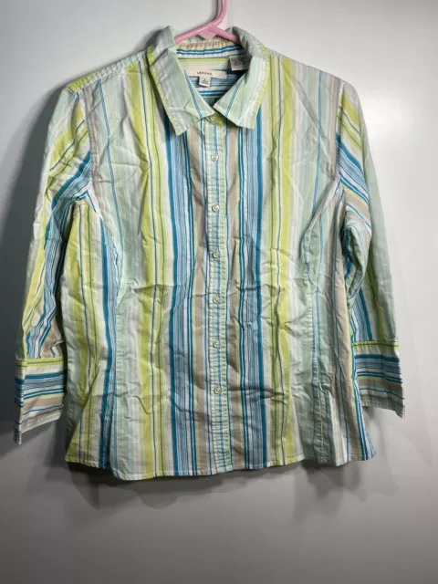 merona womens shirt size large long sleeve striped button up collar green blue