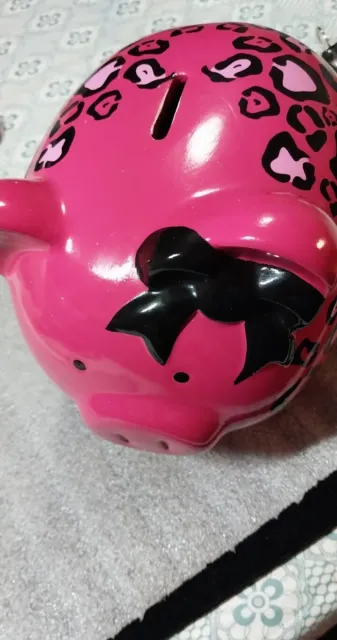 FAB Starpoint Girls Ceramic Piggy Bank Hot Pink with Black Bow 8" With Stopper