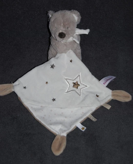 Doudou Ours Beige Mouchoir Blanc Etoile POMMETTE Echarpe Pois Peluche Etat NEUF